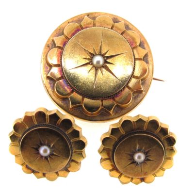 Victorian Gold & Pearl Brooch & Earring Set