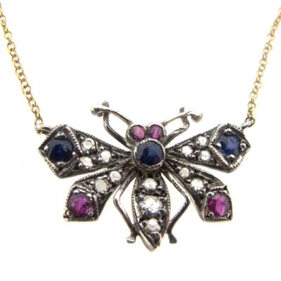 Diamond, Sapphire & Ruby Butterfly Necklace