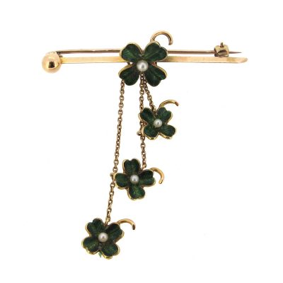 Enamel & Pearl Clover Brooch