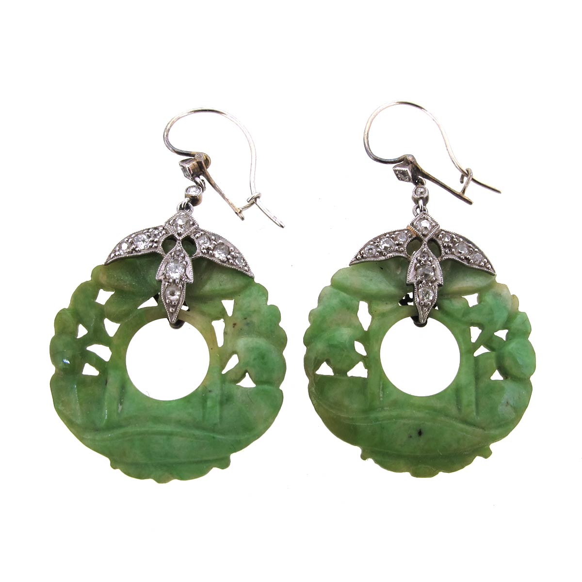 A PAIR OF JADE DROP EARRINGS, carved polished jade tear drops with yellow  metal oriental designed su