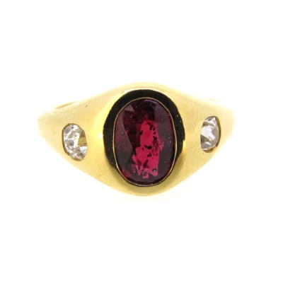 18ct Gold, Ruby & Diamond Rub Over 3 Stone Ring