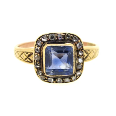 Antique Square Cut Sapphire & Diamond Cluster Ring