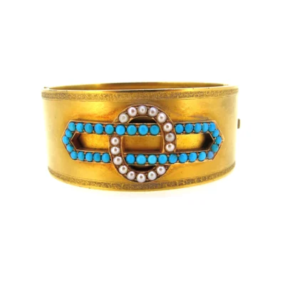 Antique Victorian Gold, Turquoise & Pearl Cuff Bangle